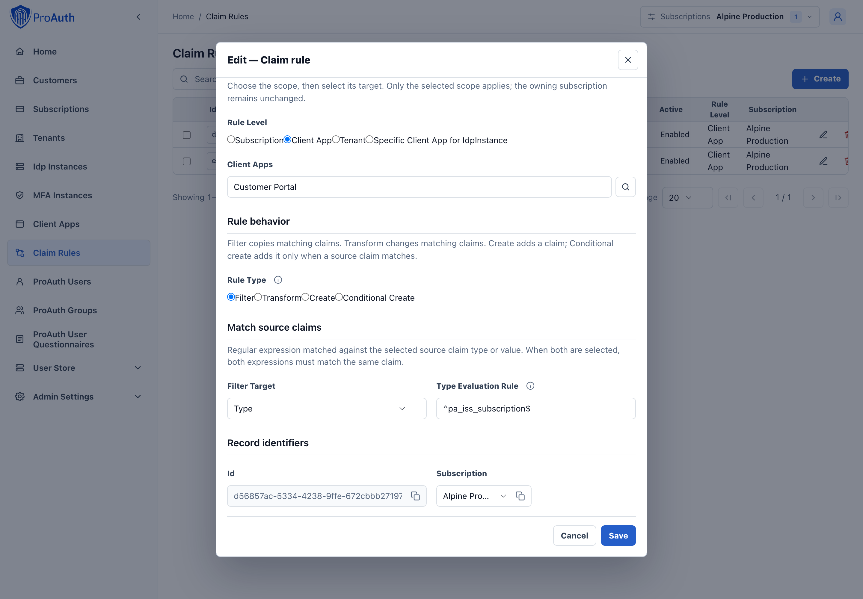 Issuer-context filter selecting the exact subscription identifier claim