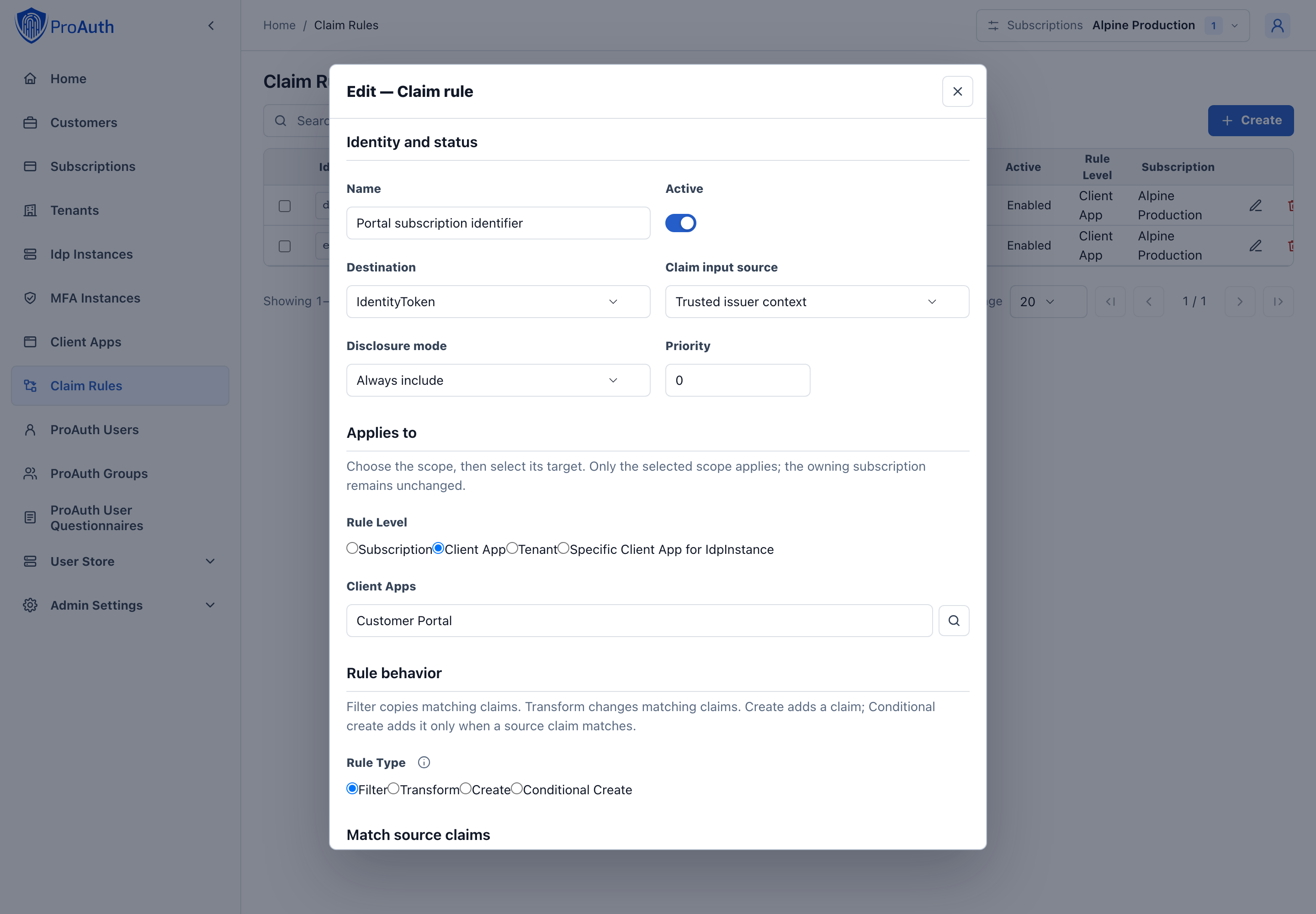 Client-scoped subscription identifier rule using issuer context and Always disclosure