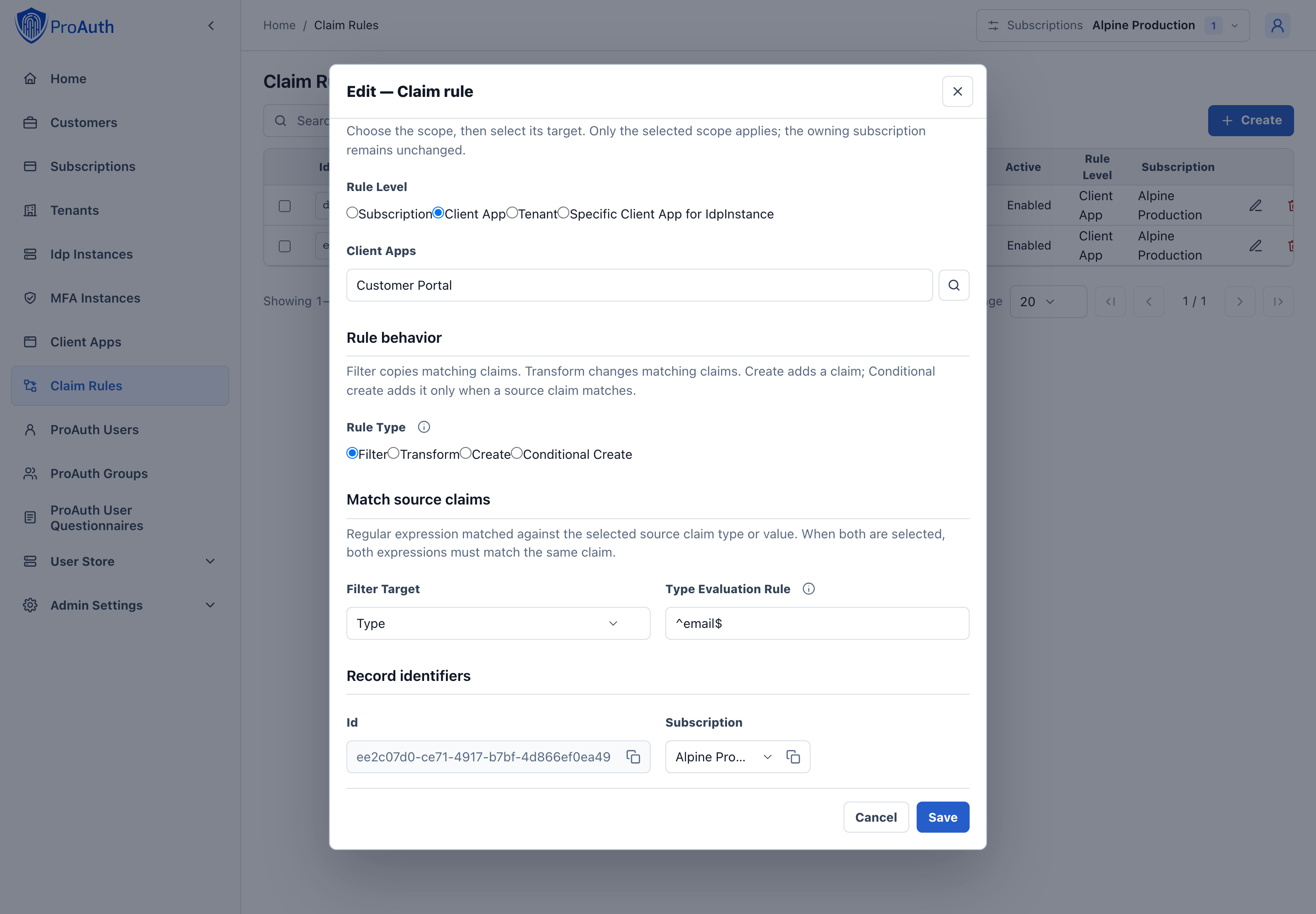 Requested-only user-profile filter selecting the exact email claim