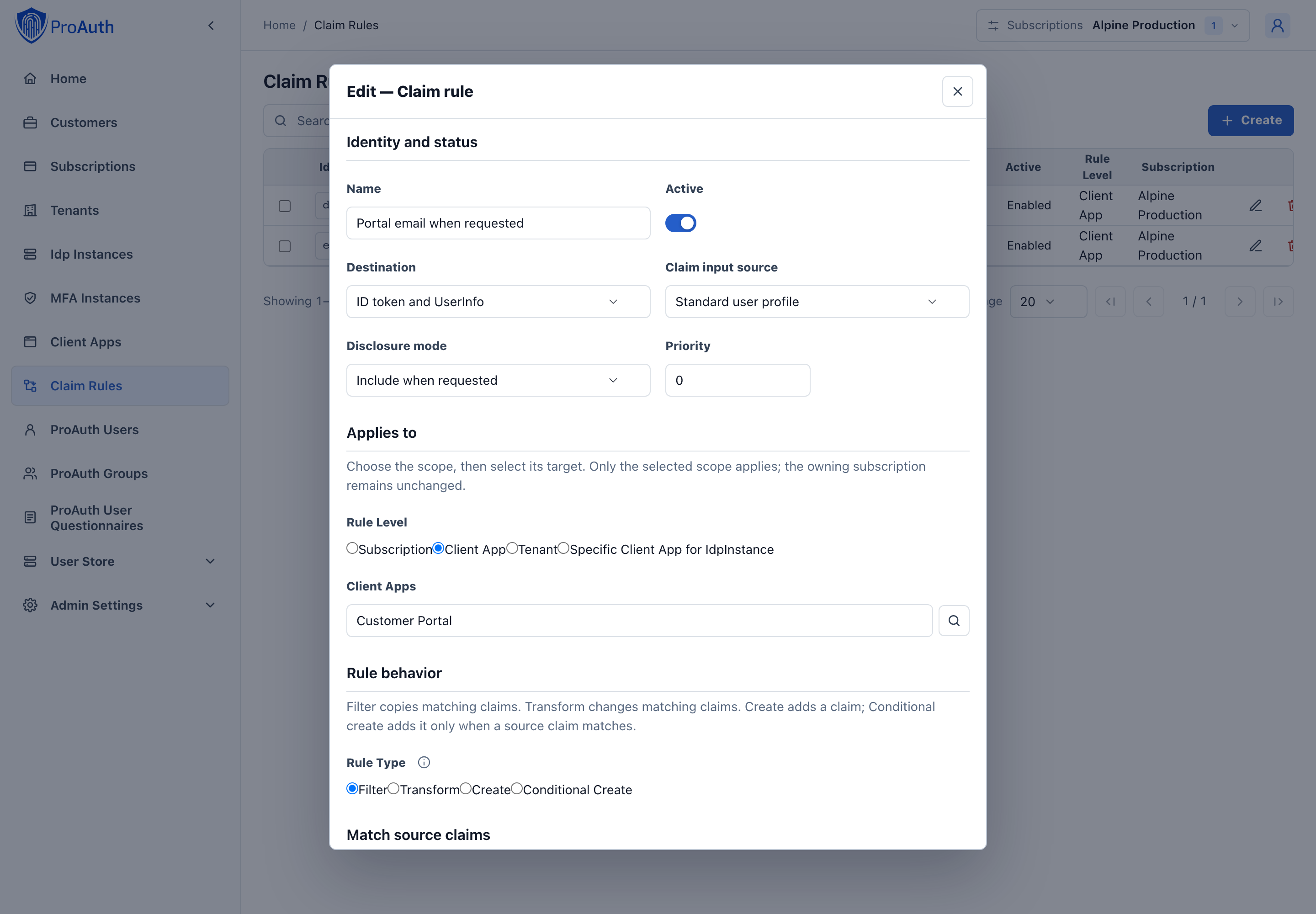 Client-scoped email rule using user profile and requested-only ID-token and UserInfo disclosure