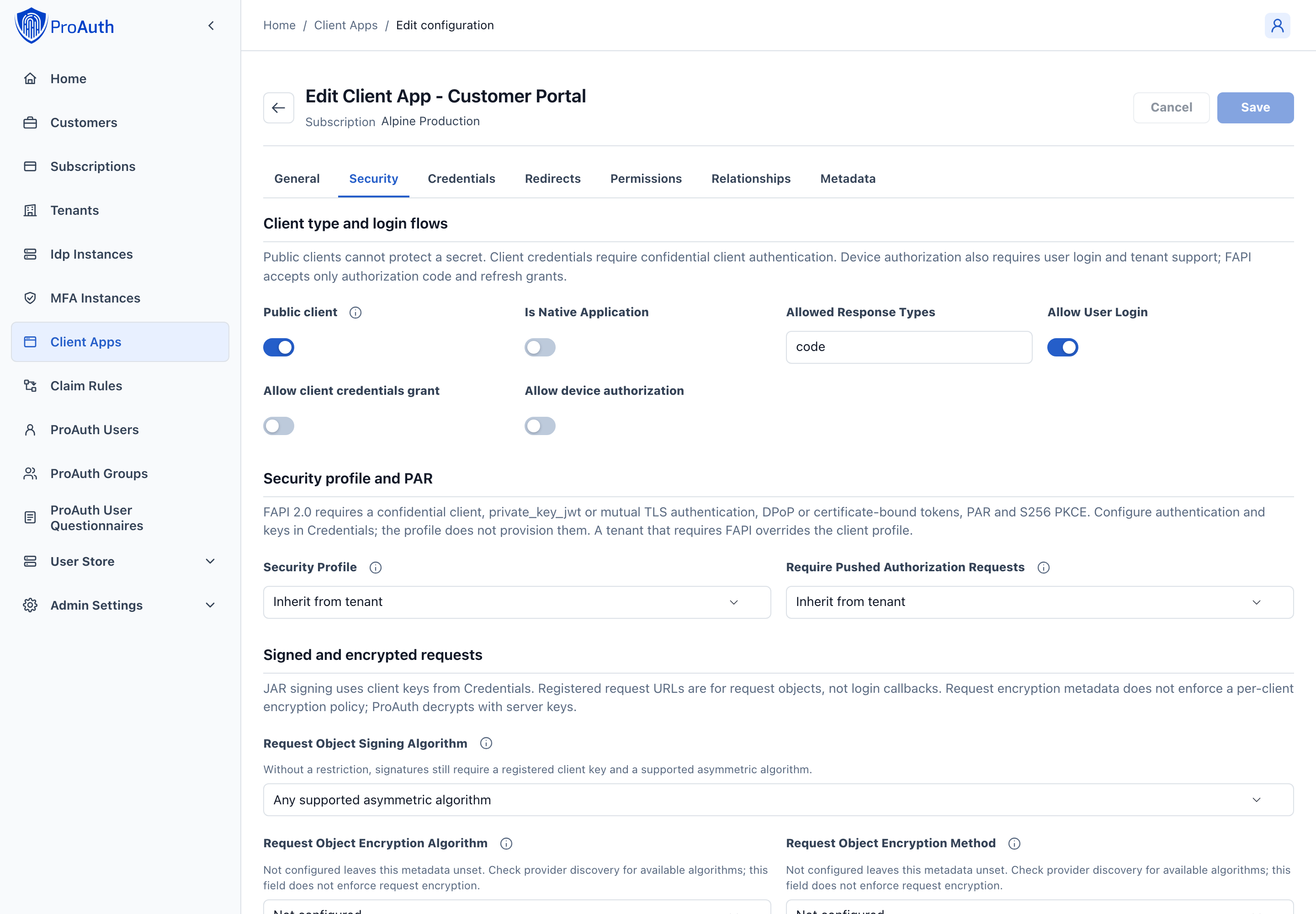 Customer Portal security settings