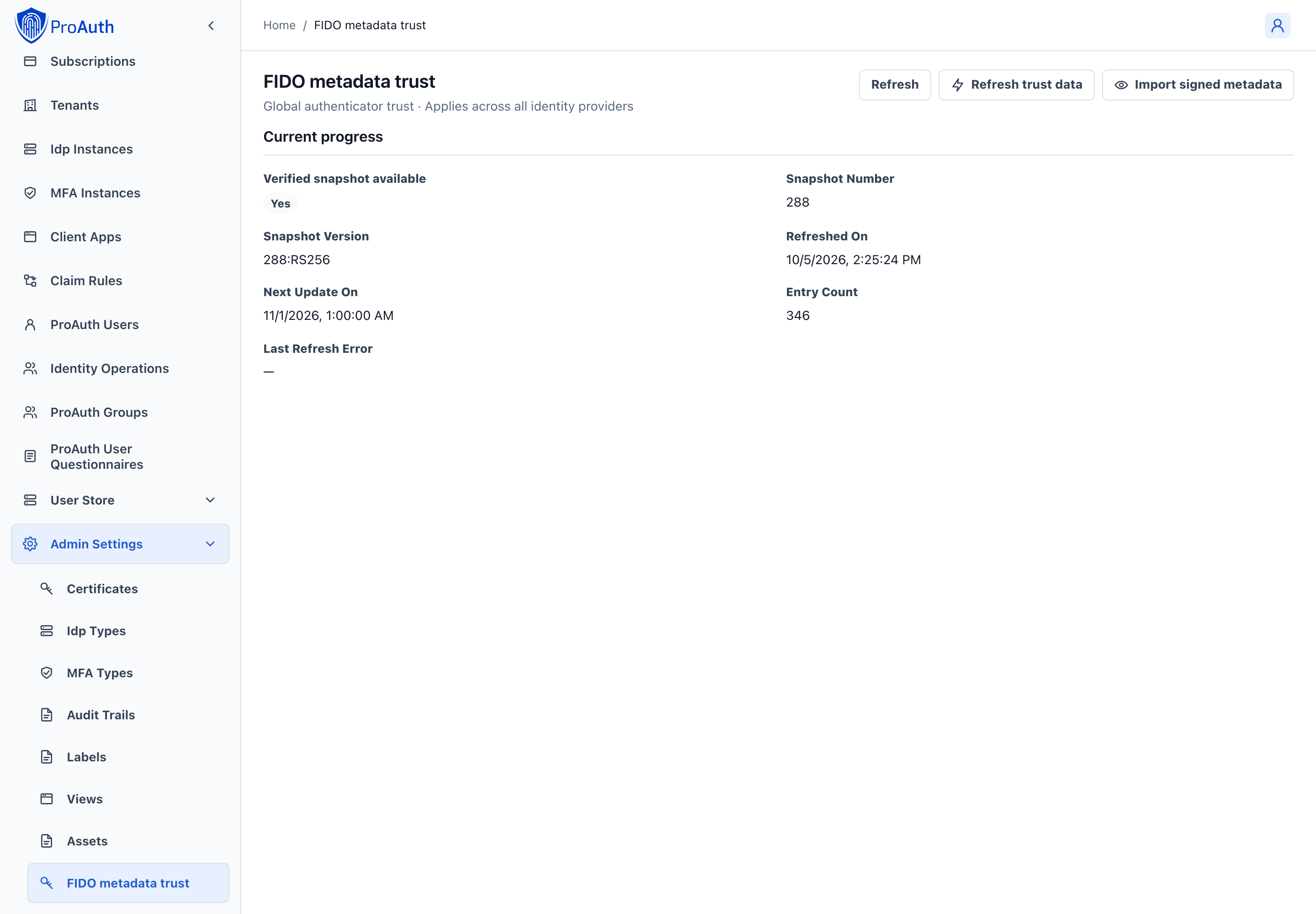 Global FIDO metadata trust status and commands in AdminApp
