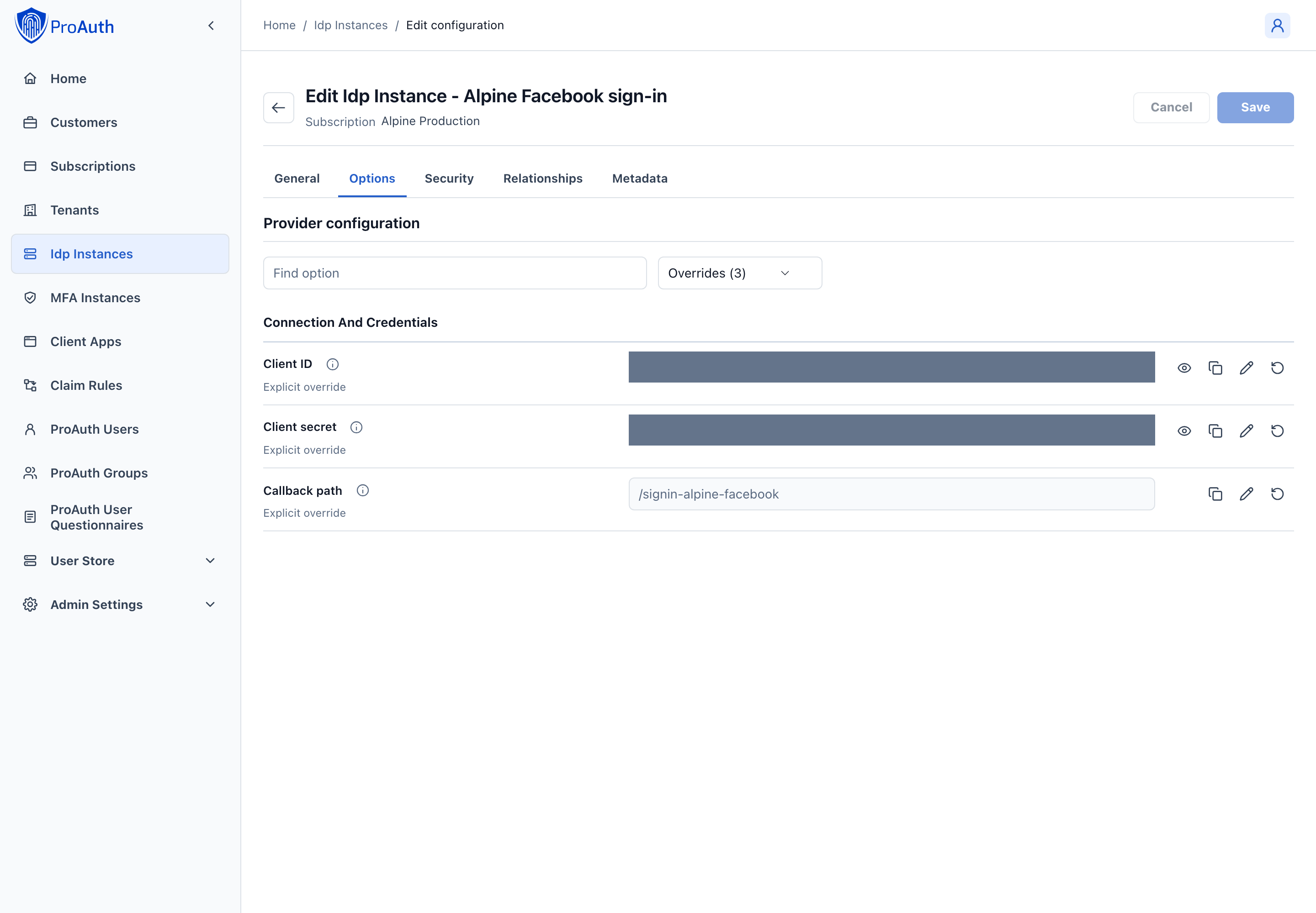 Facebook IDP options