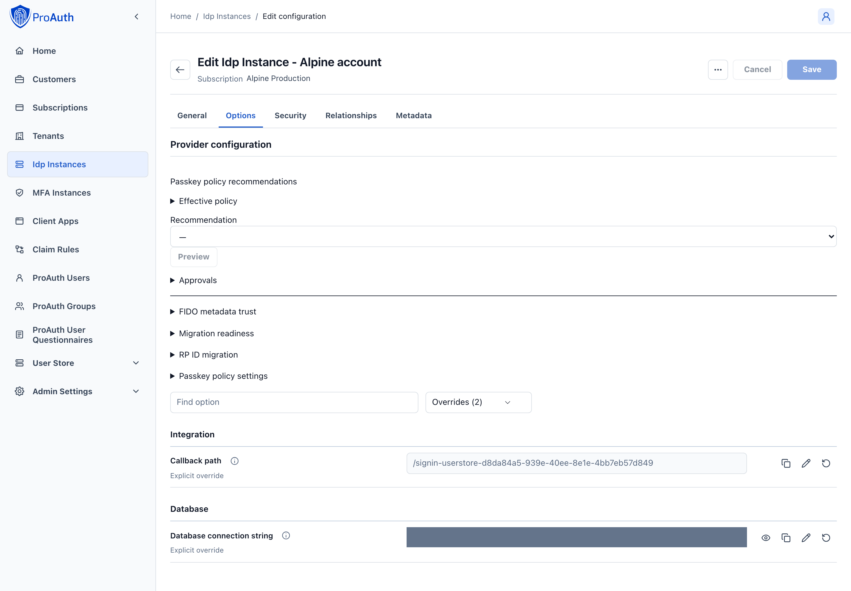 UserStore IDP options