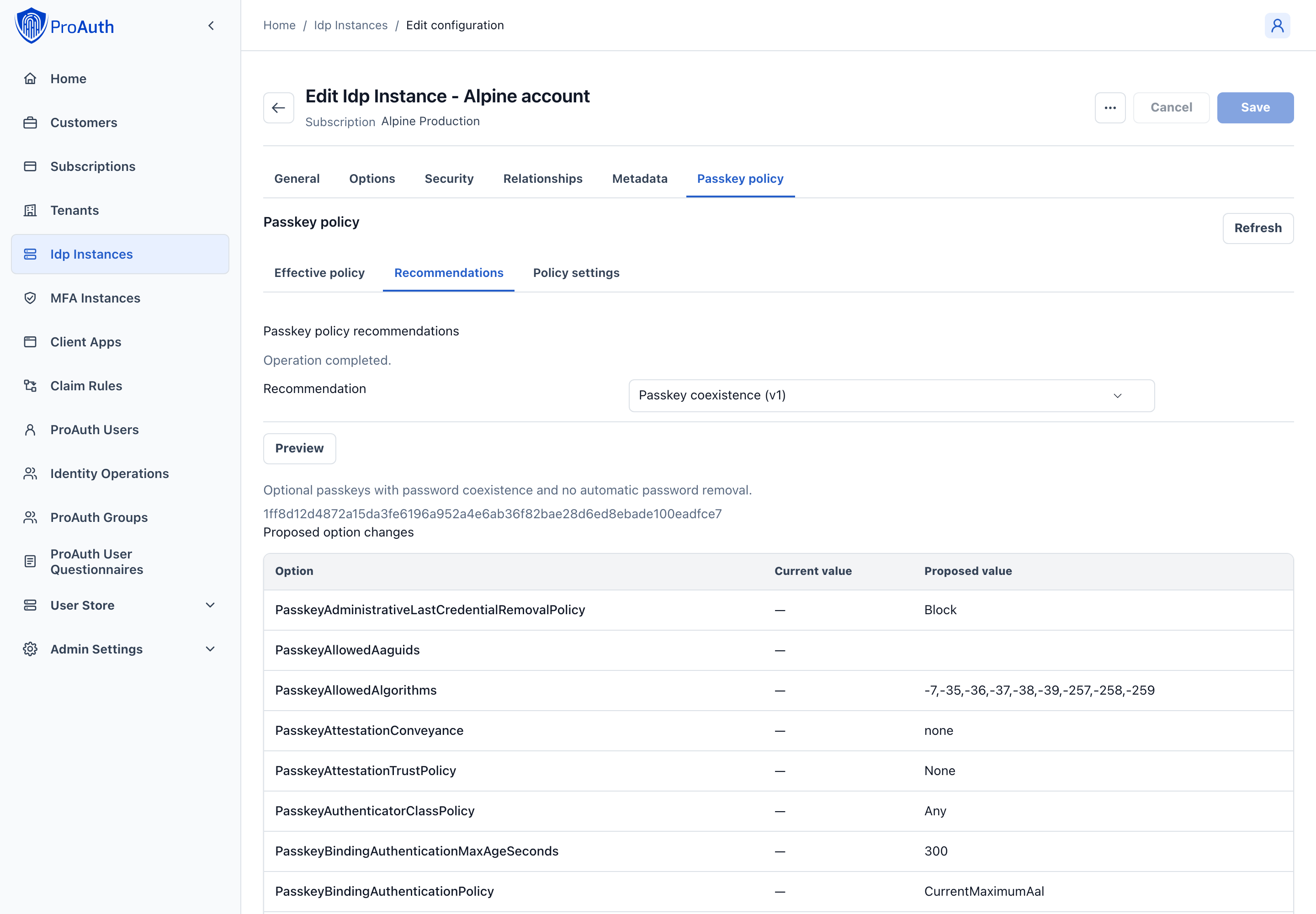 Recommendation preview and proposed option changes