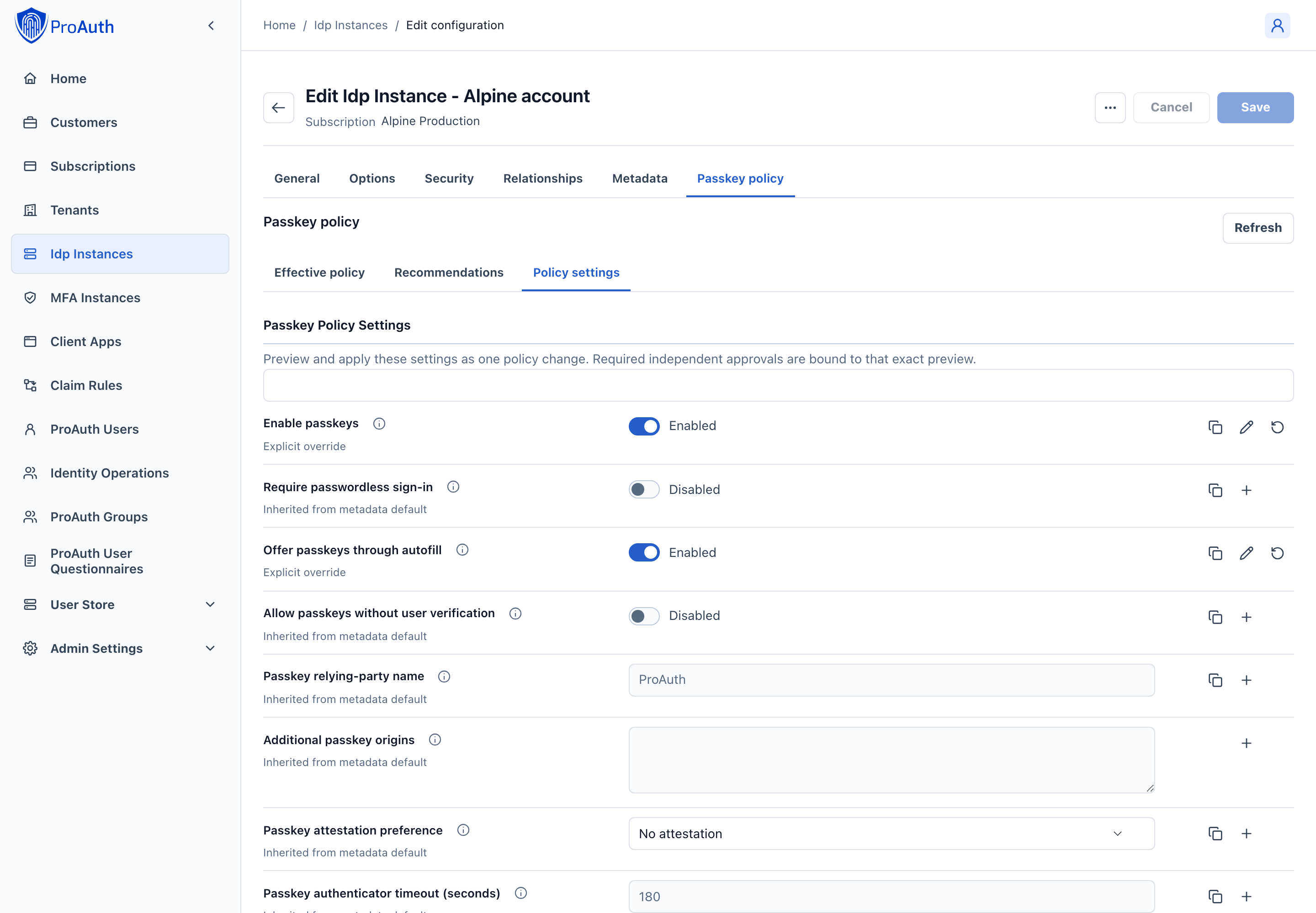 Controlled passkey settings editor