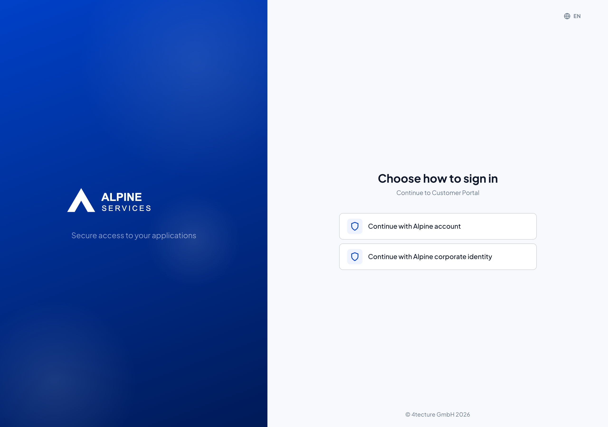 Local and corporate sign-in choices for Alpine Services
