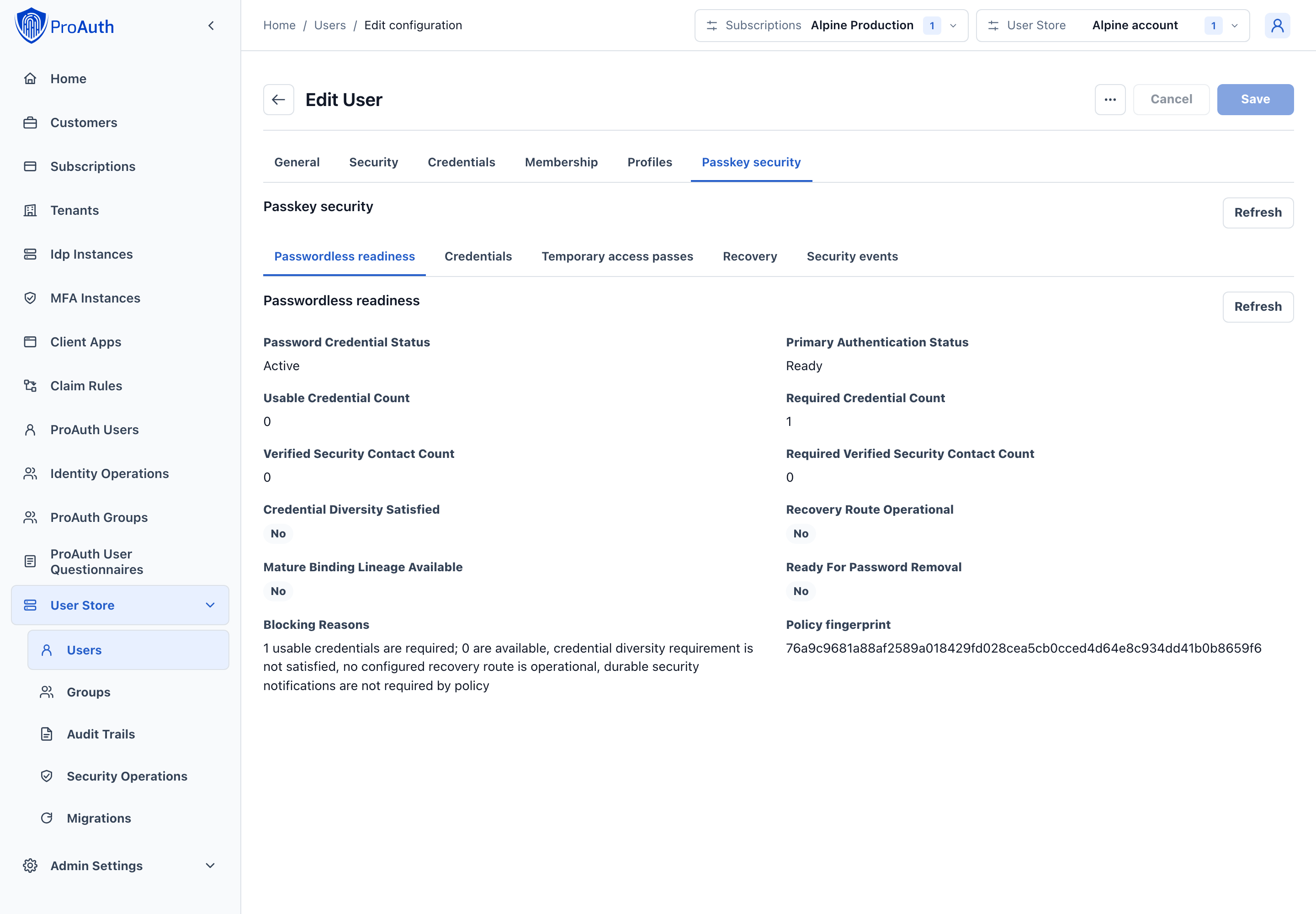 Per-user passkey readiness and credential evidence in AdminApp
