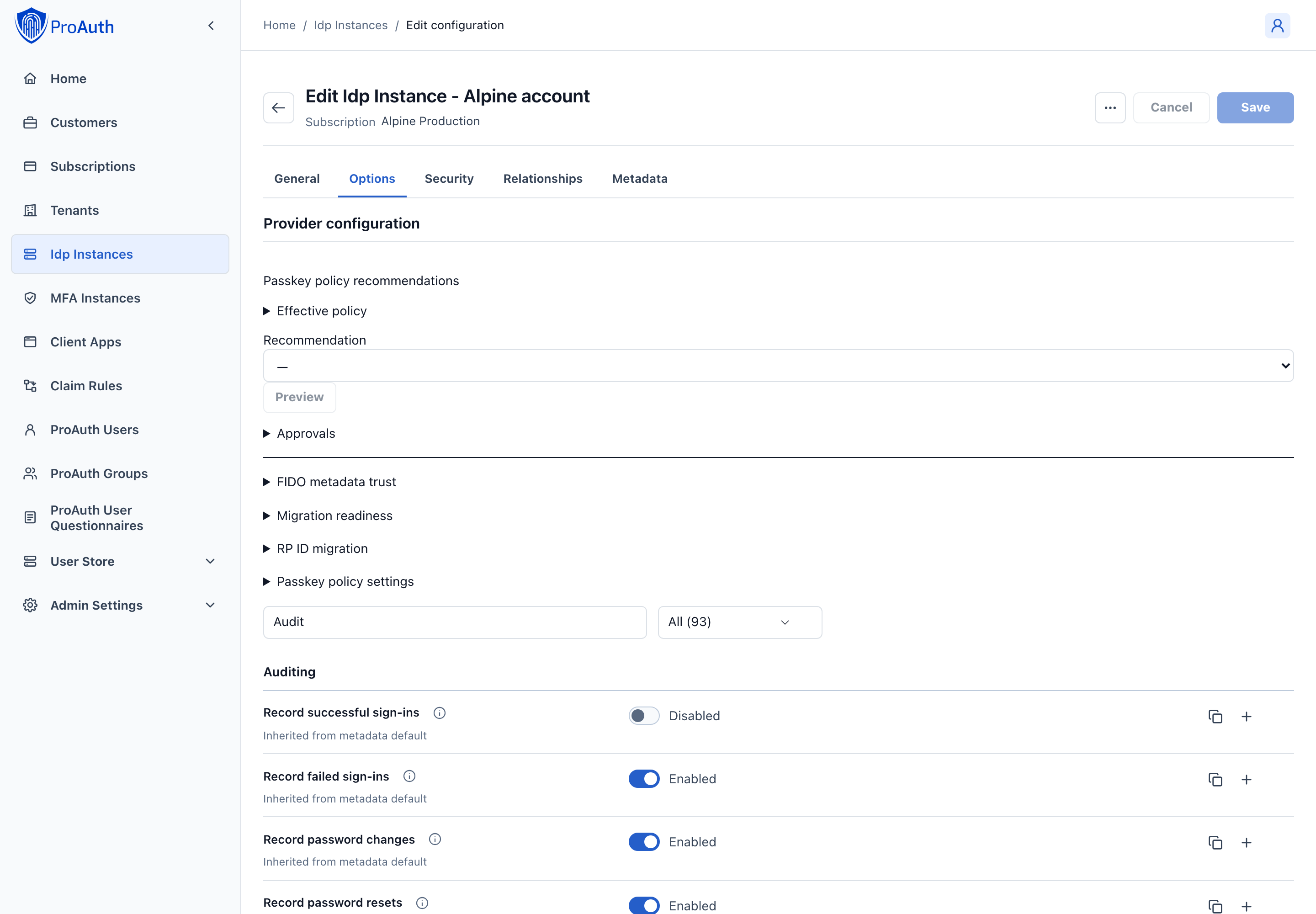UserStore IDP options