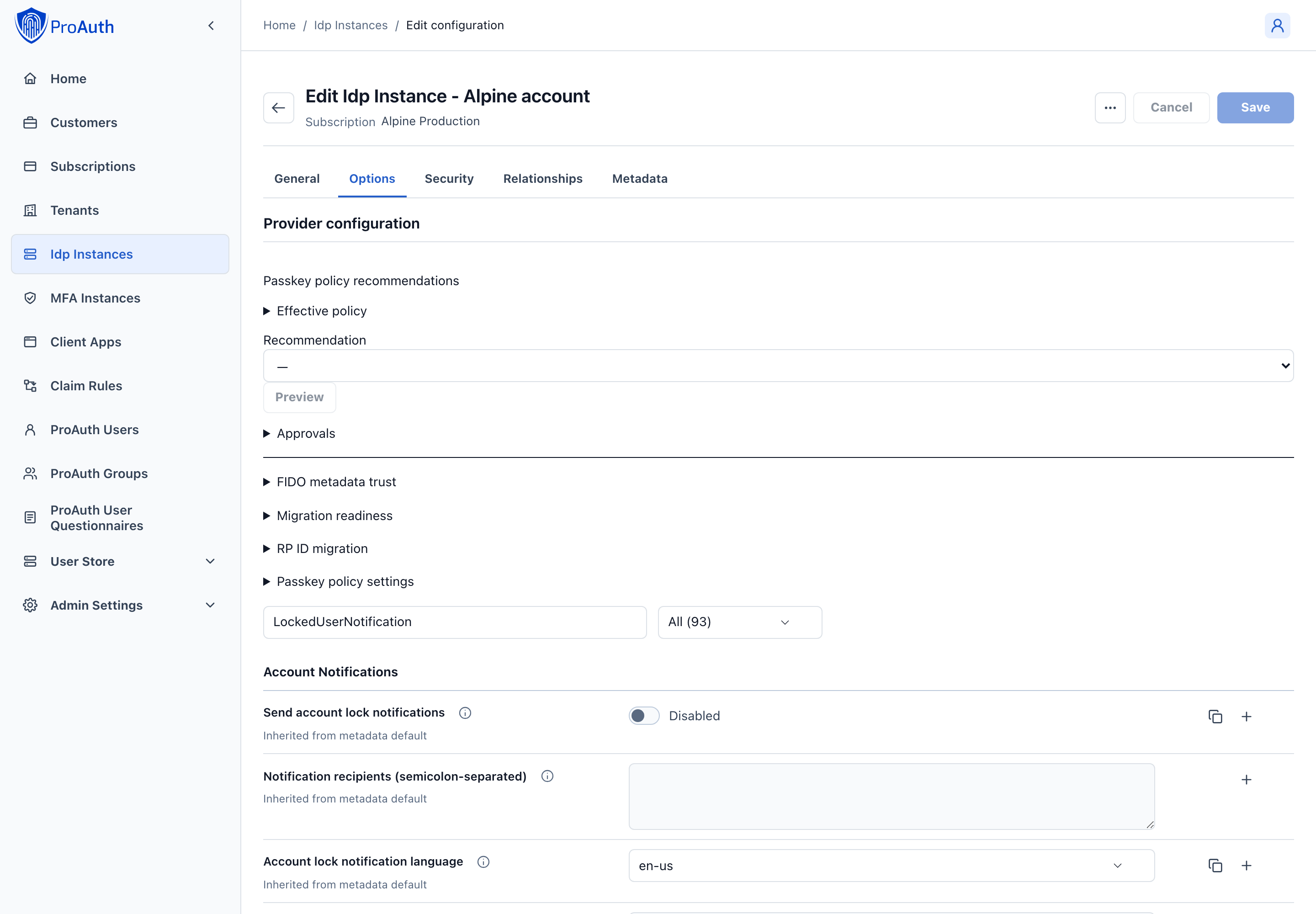 UserStore IDP options