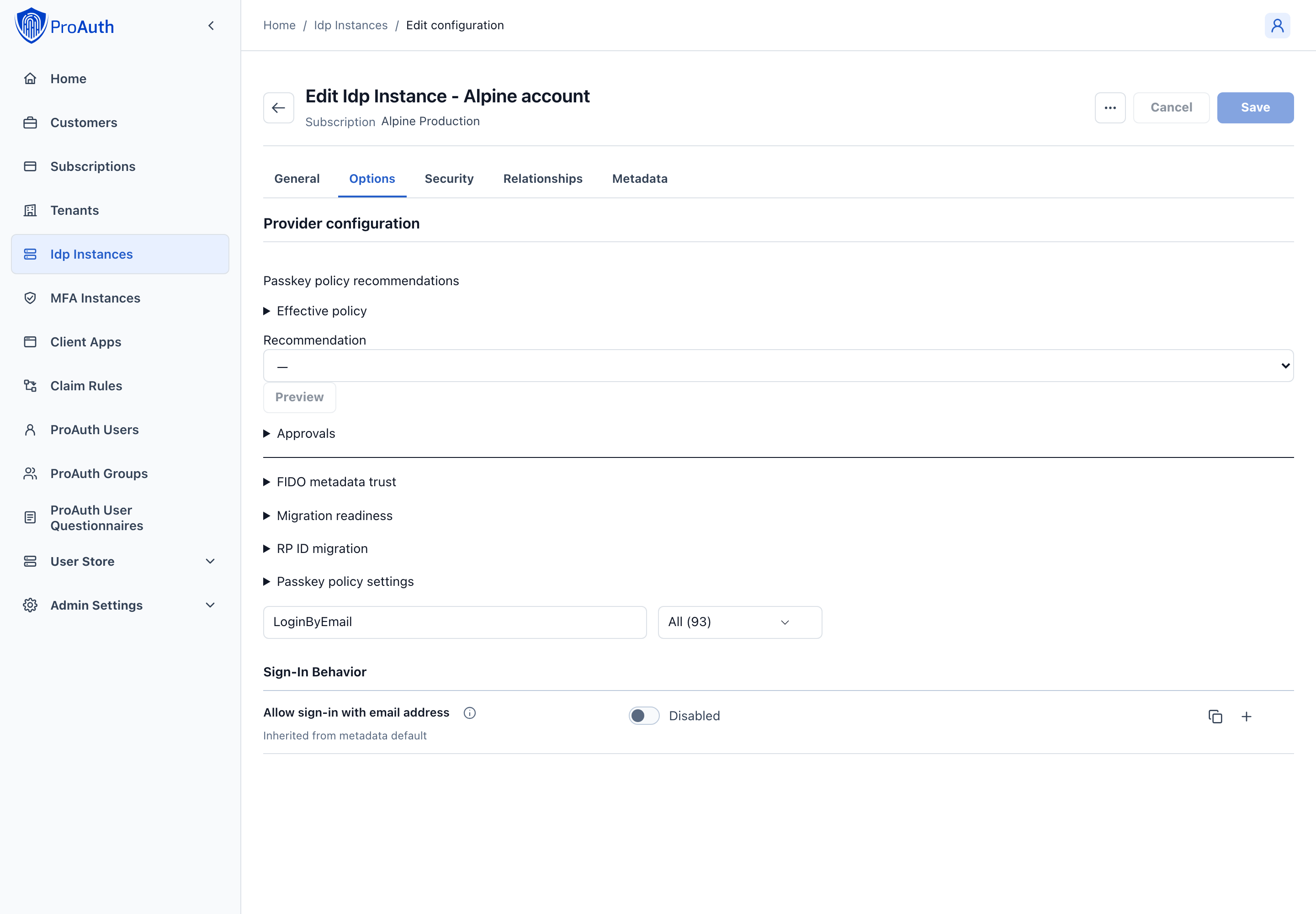 UserStore IDP options