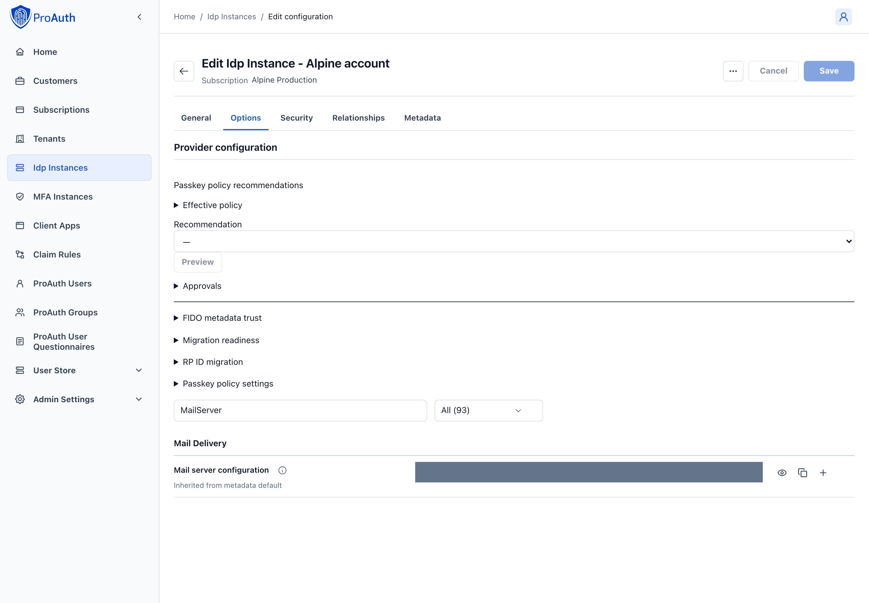 UserStore IDP options