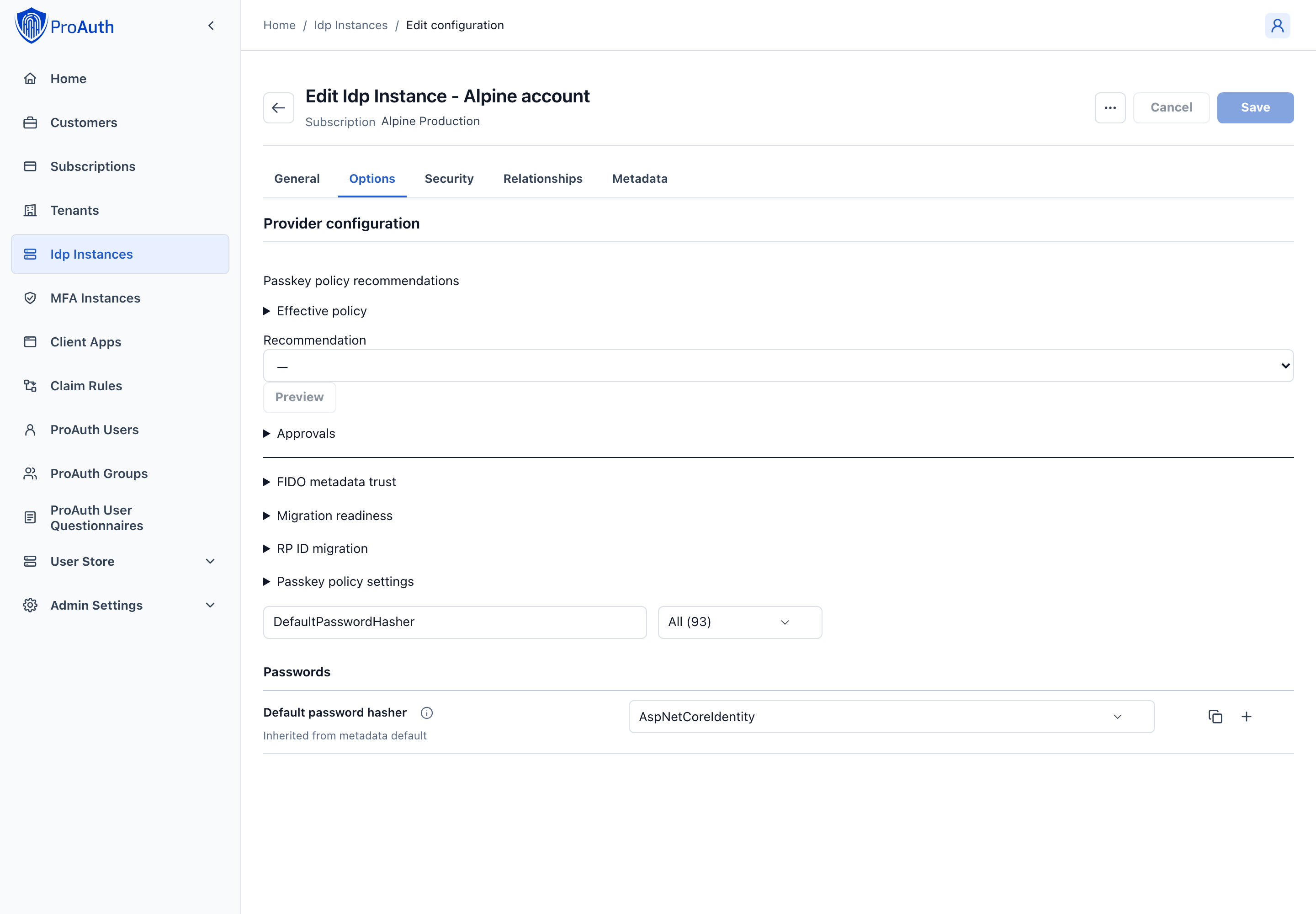 UserStore IDP options