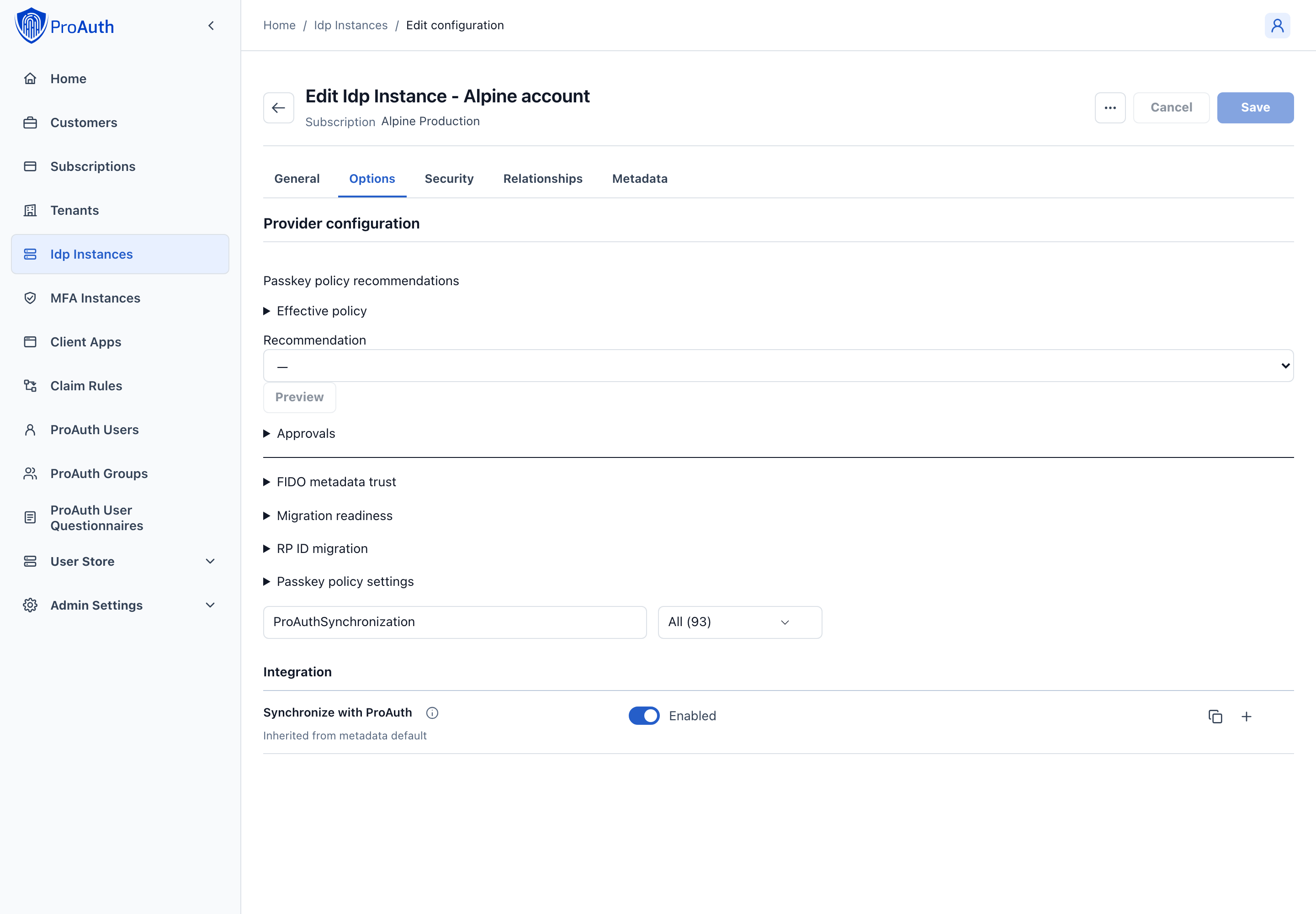 UserStore IDP options